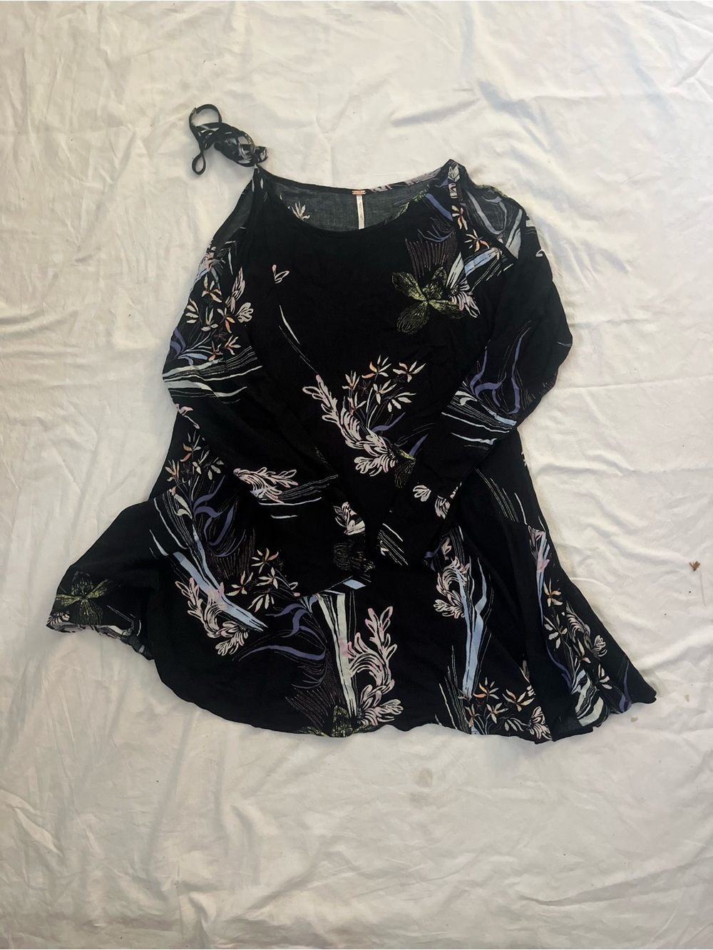 Free People Black Floral Cold-Shoulder Tunic with Tie Strap